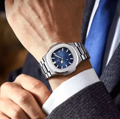 POEDAGAR Luxury Square Stainless Steel Quartz Watch For Men 613 Silver Blue