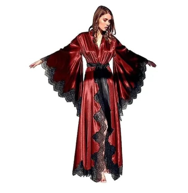 Long Black Satin Lace Kimono Robe For Bridal Getting Ready & Photo Shoots red m