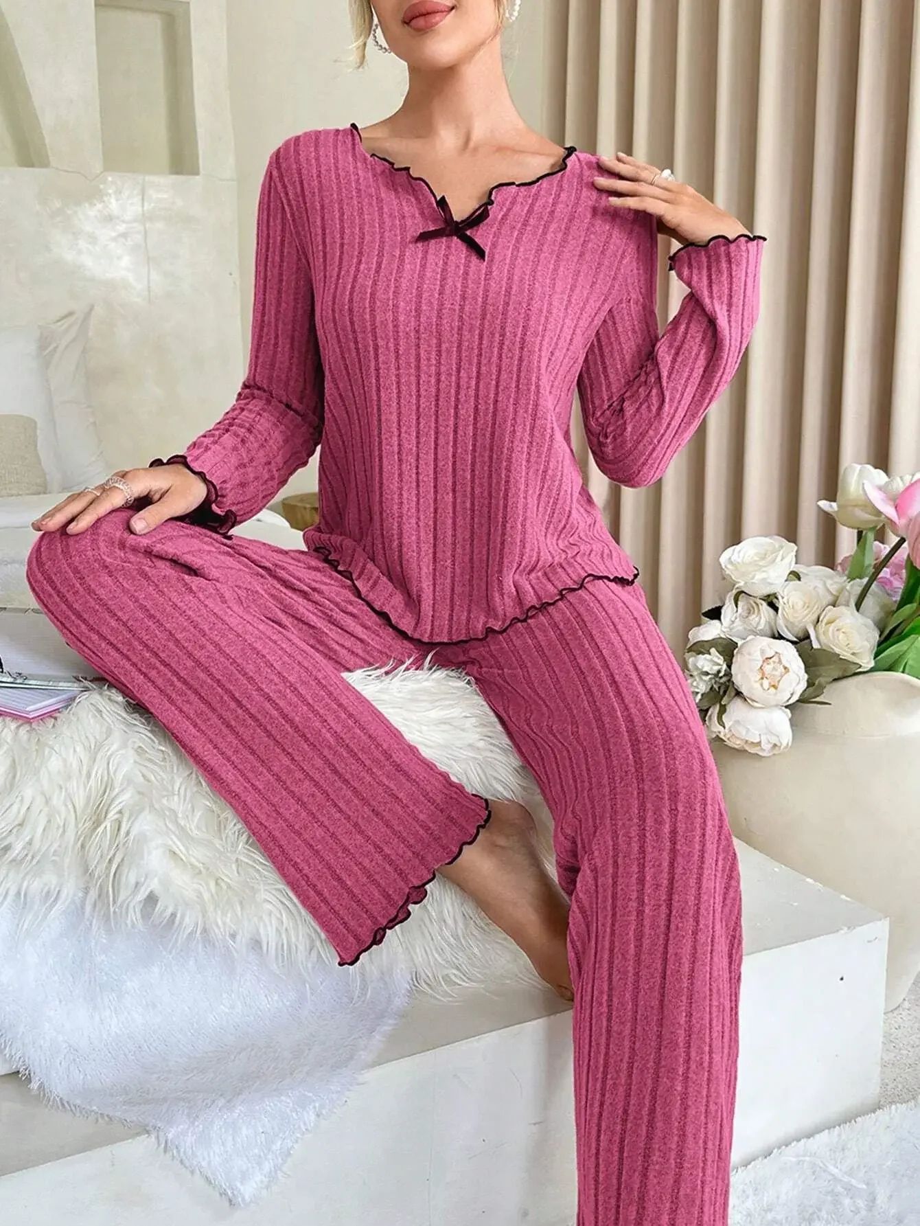 CozyChic Ribbed Knit Womens Pajama Set Soft Long Sleeve Winter Sleepwear Loungewear 1 s
