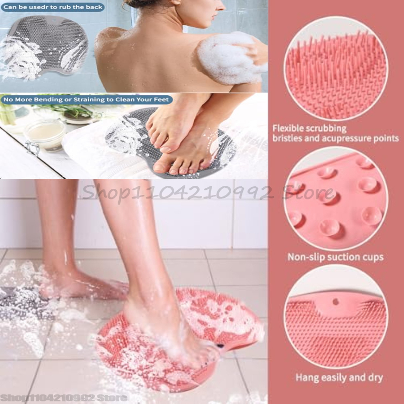 Silicone Massage Shower Mat Non Slip Foot Exfoliating Pad With Suckers For Back And Foot Scrubbing grey
