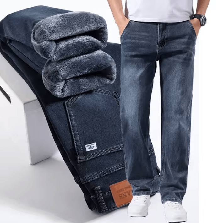 Mens Winter Warm Fleece Lined Stretch Casual Jeans Lightweight Thermal Trousers For Office & Daily Wear sky Blue 38