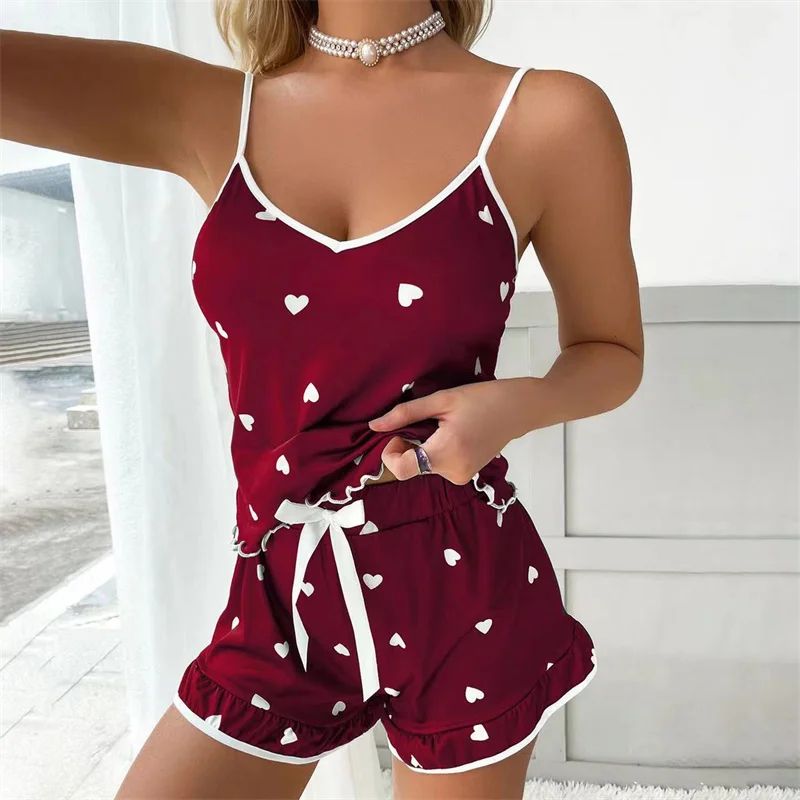 Womens Cute Printed Summer Pajama Set scarlet s