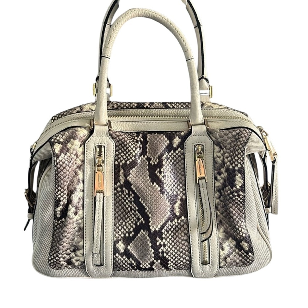 Michael Kors Bags | Cream Ivory Snakeskin Style Mk Michael Kors Tote Gold Trim Purse Women Bag Mk | Color: Cream/Gold | Size: Os