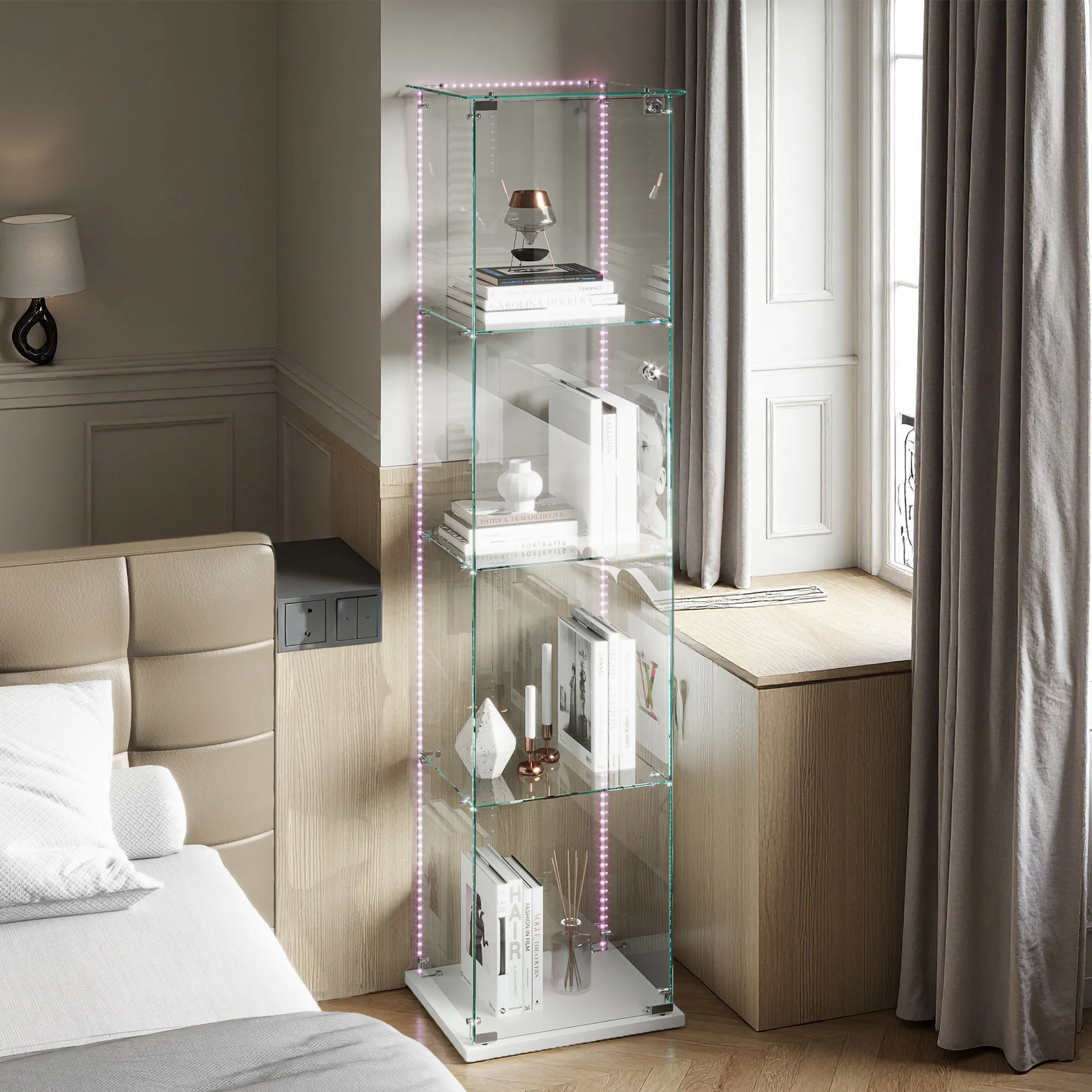 Anajqaqia 163x40x35cm Glas-Vitrine mit LED-Streifen, 4 Regalböden Glasvitrine für Sammlerstücke, Wohnzimmer, Weiß Image