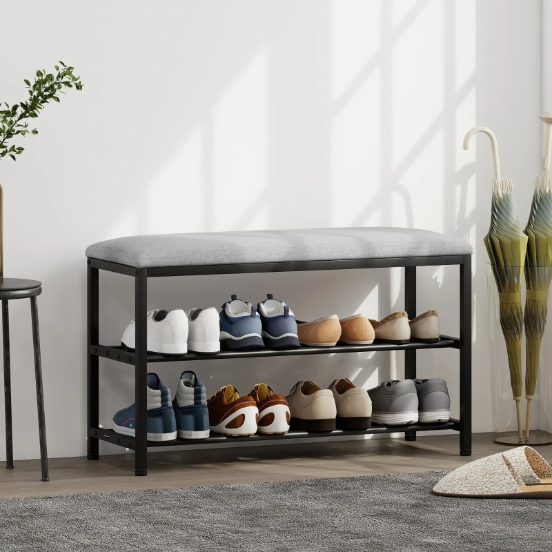 Schuhbank mit Sitz, Bank mit Stauraum, Schuhregal mit 2 offenen Fächern, Bank 81 x 31 x 50 cm, schwarz
