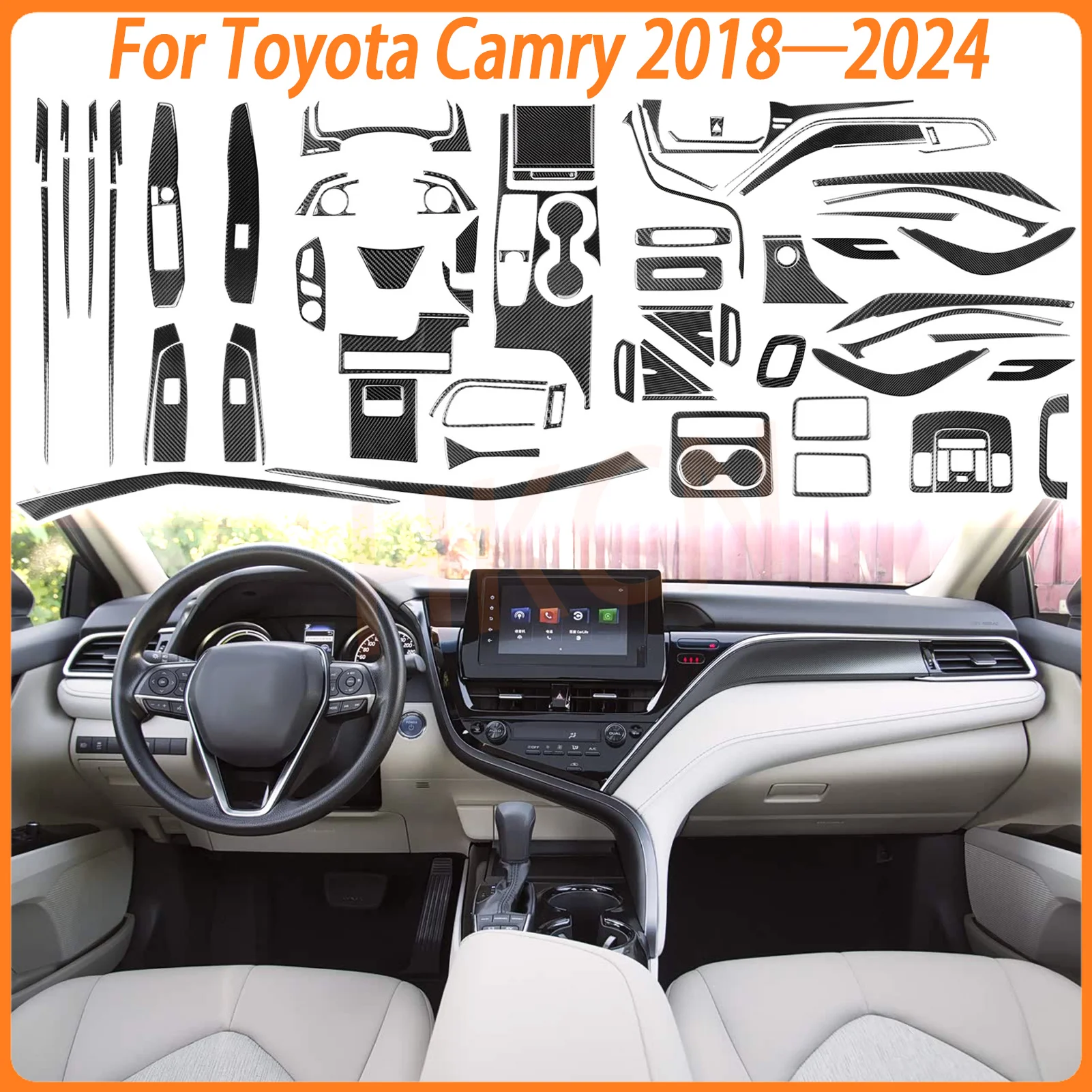 Carbon Faser Auto Zubehör Aufkleber Für Toyota Camry XV70 8th 2018-2024 Konsole Streifen Lagerung Box Abdeckung AC CD control Panel Trim Image
