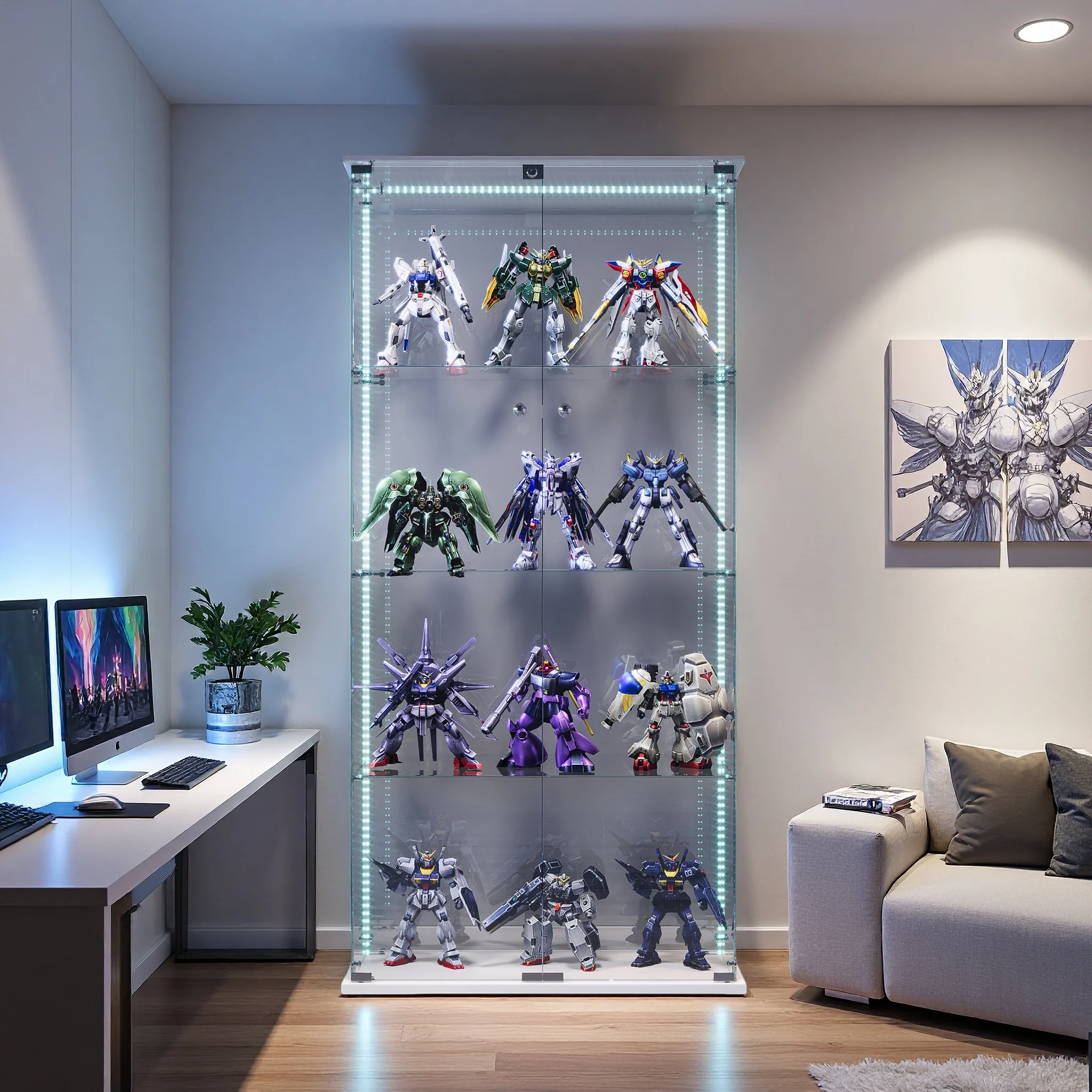 Anajqaqia 163×35×78,5 cm Stehende Glasvitrine, mit 4 Glasregalen und 2 Glastüren, mit LED-Beleuchtung und Schloss, Weiß Image