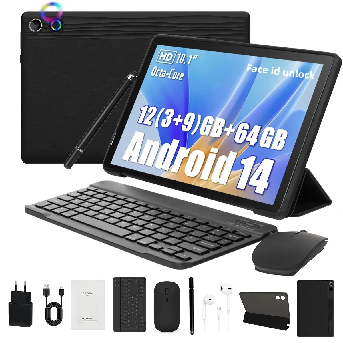 Android14 Tablet 10 Zoll 12GB RAM 64GB ROM Erweiterbar auf 1TB WIFI6 WidevineL1 GMS 5000mAh Stylus Tastatur Maus Kopfhörer Hülle Set Image