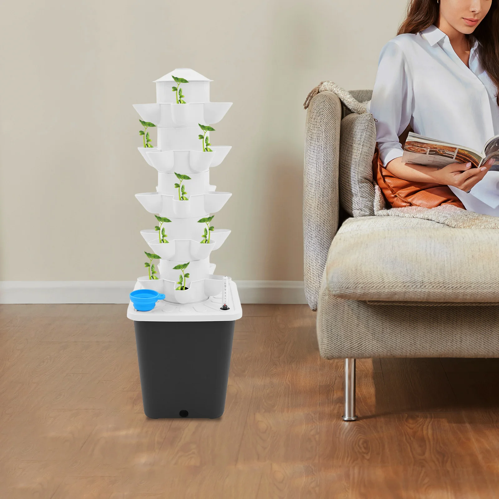Weiß-Grauer Hydrokulturturm (5 Ebenen, 25 Pflanzlöcher) aus PP-Material, Wassersparend und Langlebig Image