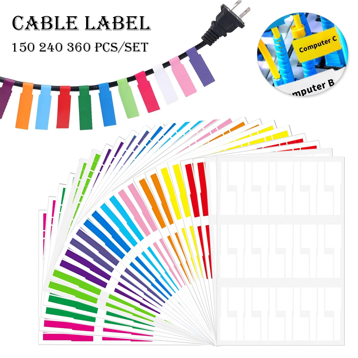 150–1080 Stück Kabeletiketten, Anhänger für die Kabelmanagement, bunte wasserdichte Kabeletiketten für Kabeletiketten, selbstklebend, reißfest Image