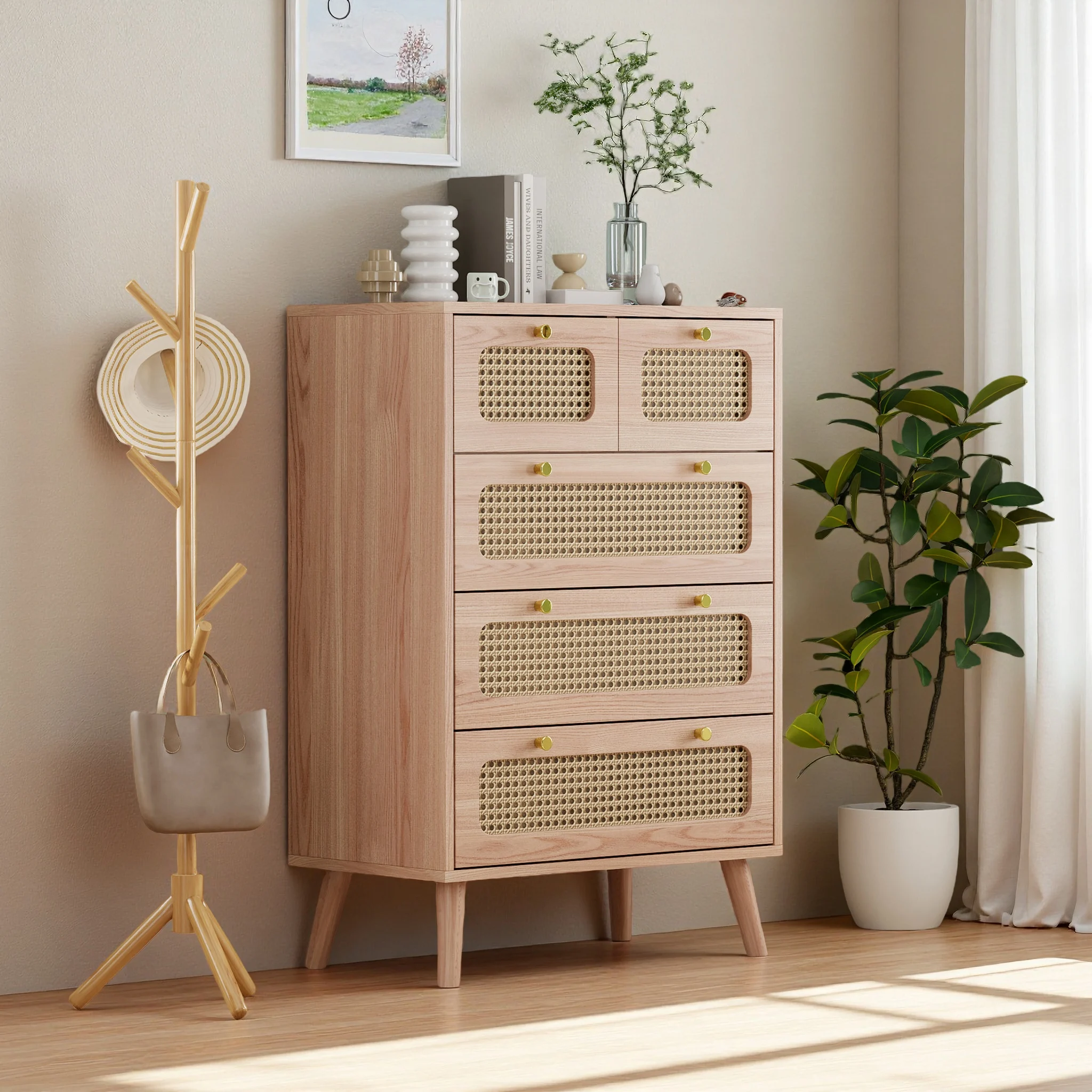 Anajqaqia 60x34x91cm Holz-Aufbewahrungsschrank, Rattan-Geflecht-Aufbewahrungseinheit mit 5 Schubladen, Sideboard für Schlafzimmer, Holzfarbe