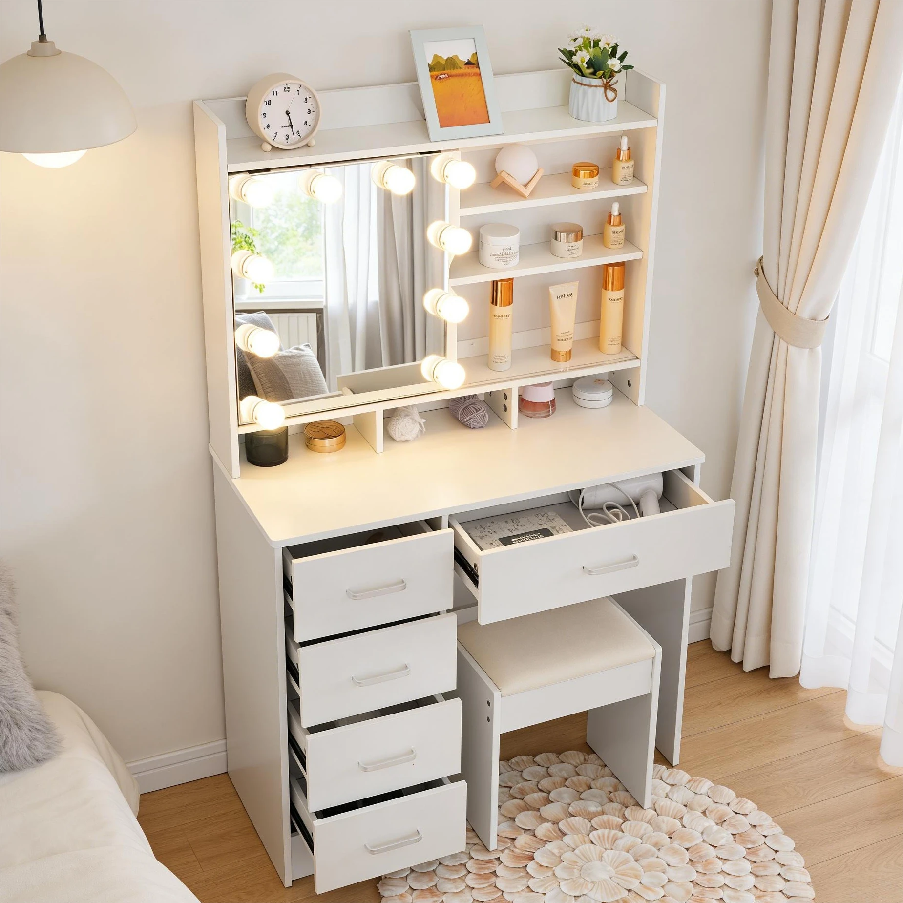 Teousev Weißes Modernes Schminktisch-Set mit LED-Leuchten, beleuchtetem Schiebespiegel, 5 Schubladen, 3 Farben dimmbar, einfache Installation, Schlafzimmer-Schminktisch Image