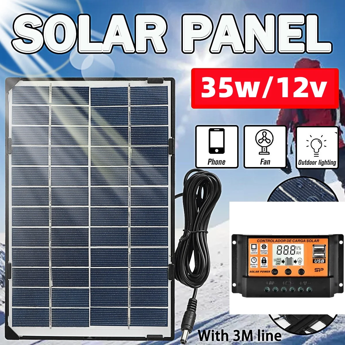 DC-Solarpanel-Board, 12 V, 35 W, Batterieladegerät, Dual-USB, mit 10 A-30 A Solarregler, Solarzellen-Powerbank für den Außenbereich Image