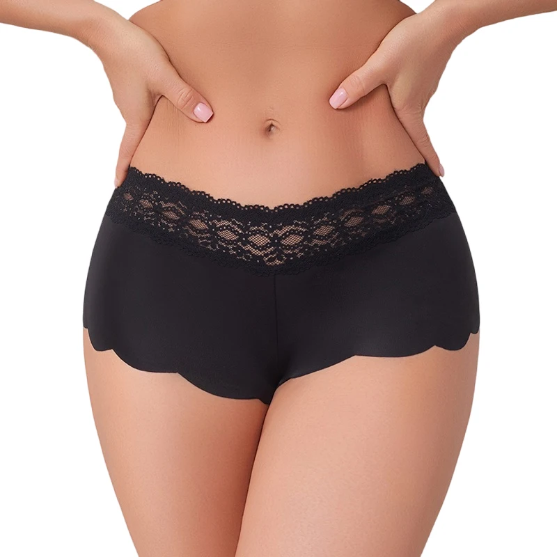 1 Stück Mittelhohe Taille Schwarze Sexy Spitzen-Boyshorts für Damen, Atmungsaktive Komfortable Slips, Einfarbige Sexy Lingerie, Elegante Damenunterwäsche