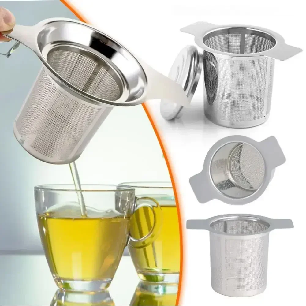 Loses Teeblatt-Infuser aus Edelstahl mit Doppelgriff und Deckel, Feinmaschiger Kaffeefilter, Hängender Becher, Auslaufsicherer Sieb ‌ Image