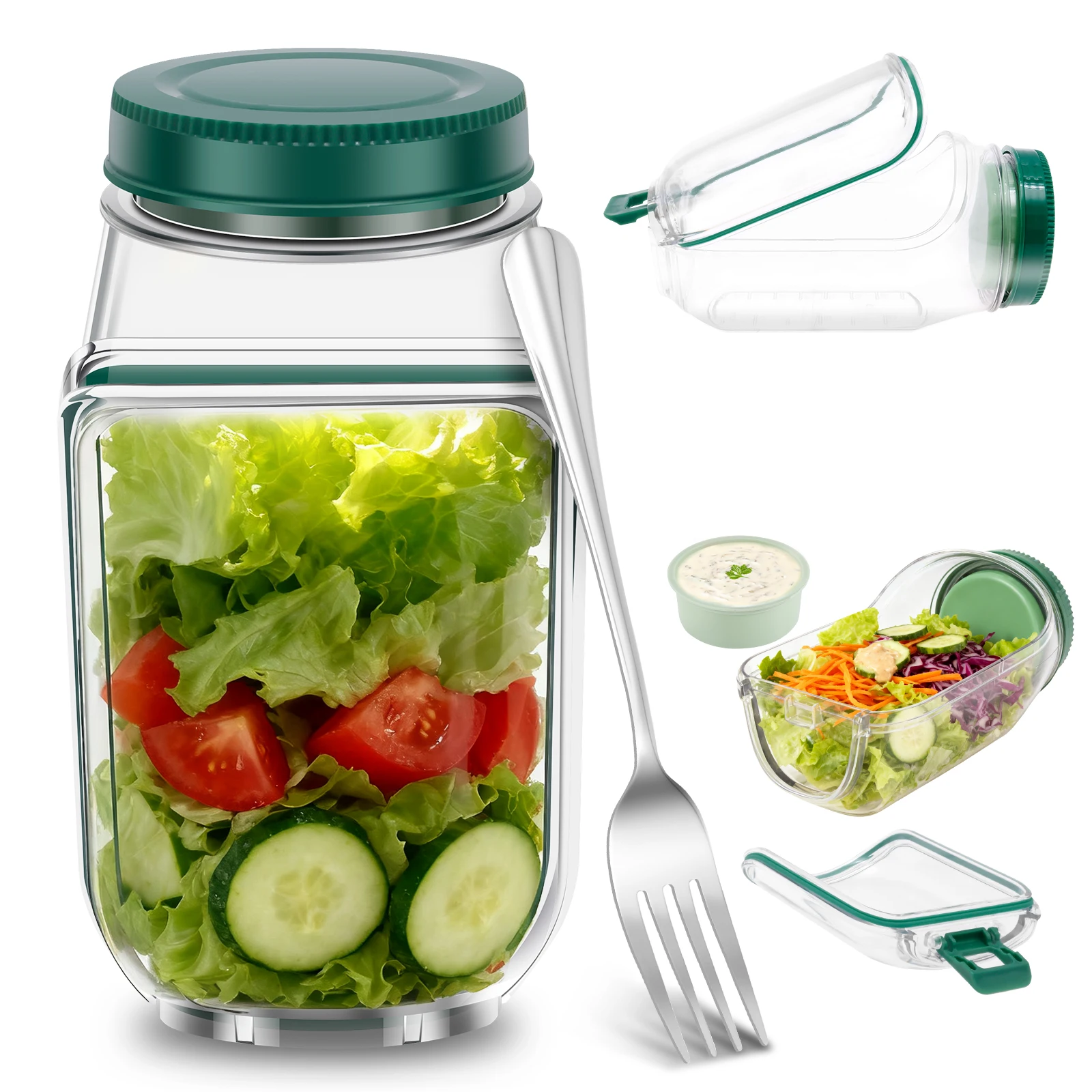 Salatbehälter mit Seitenöffnung, Auslaufsicherer Plastik-Salatbehälter für Küche, Picknick und Lunchbox Image