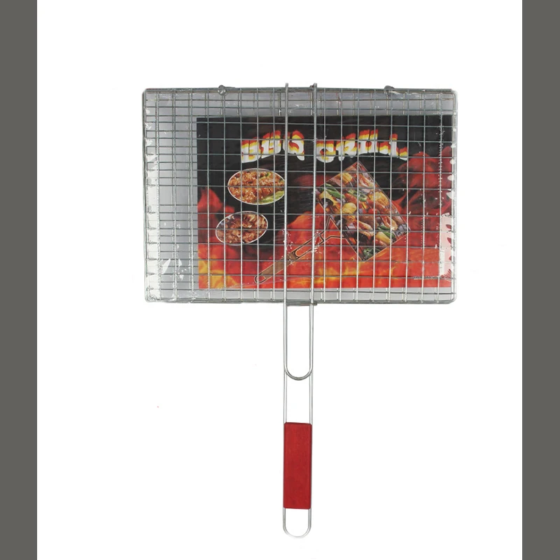 Edelstahl Grillnetz mit Holzgriff, Fischgrillzange 35x24 cm, Outdoor-Grillwerkzeug Image