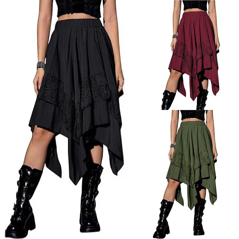 Neue Mode Frauen Y2K Gothic Vintage Floral Spitze Patchwork Unregelmäßigen Saum Elastische Hohe Taille Steampunk Midi Rock Cosplay Kostüm Image