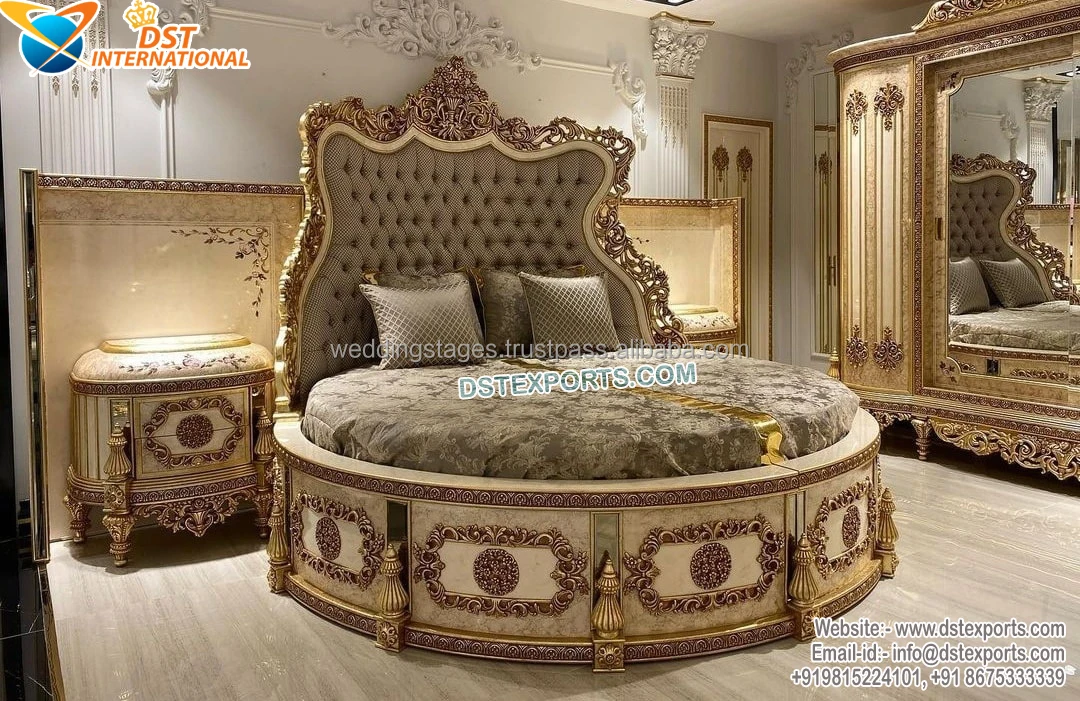 Handgeschnitztes rundes Kingsize-Bett im königlichen Barockstil, luxuriöses, robustes, geschnitztes rundes Bett, rundes Designer-Maharaja-Bett aus Teakholz