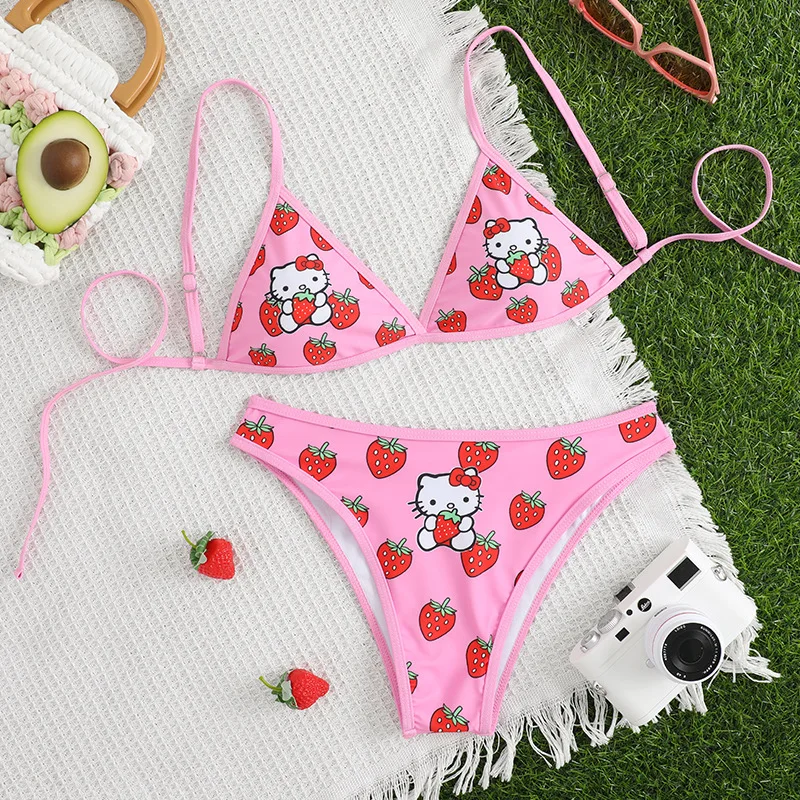 Hello Kitty Bikini-Set, Sommer, Strand, weicher, seitlich gebundener Slip, Badeanzug, süßer, gemütlicher Y2K-Stil, Kuromi Melody Anime-Badeanzug, Kawaii