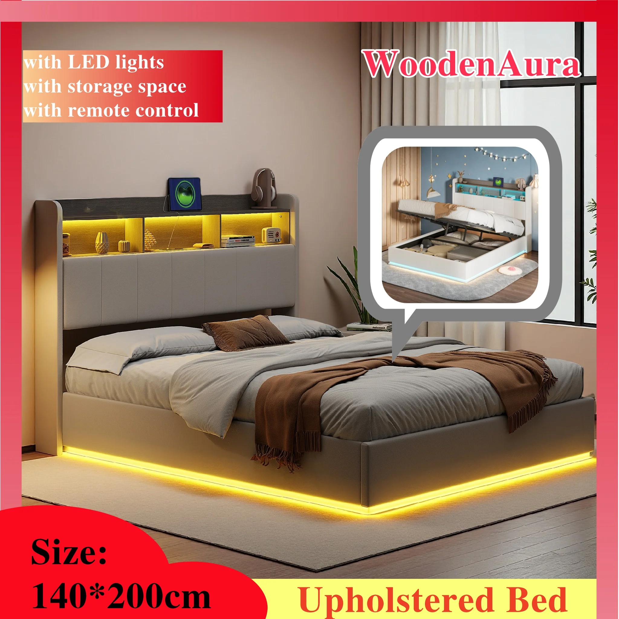 WoodenAura Stauraumbett 140x200cm, Kopfteil mit Stauraum + Kopfteil und Rahmen mit LED-Beleuchtung, Weißer Samtstoff, Jugendbett