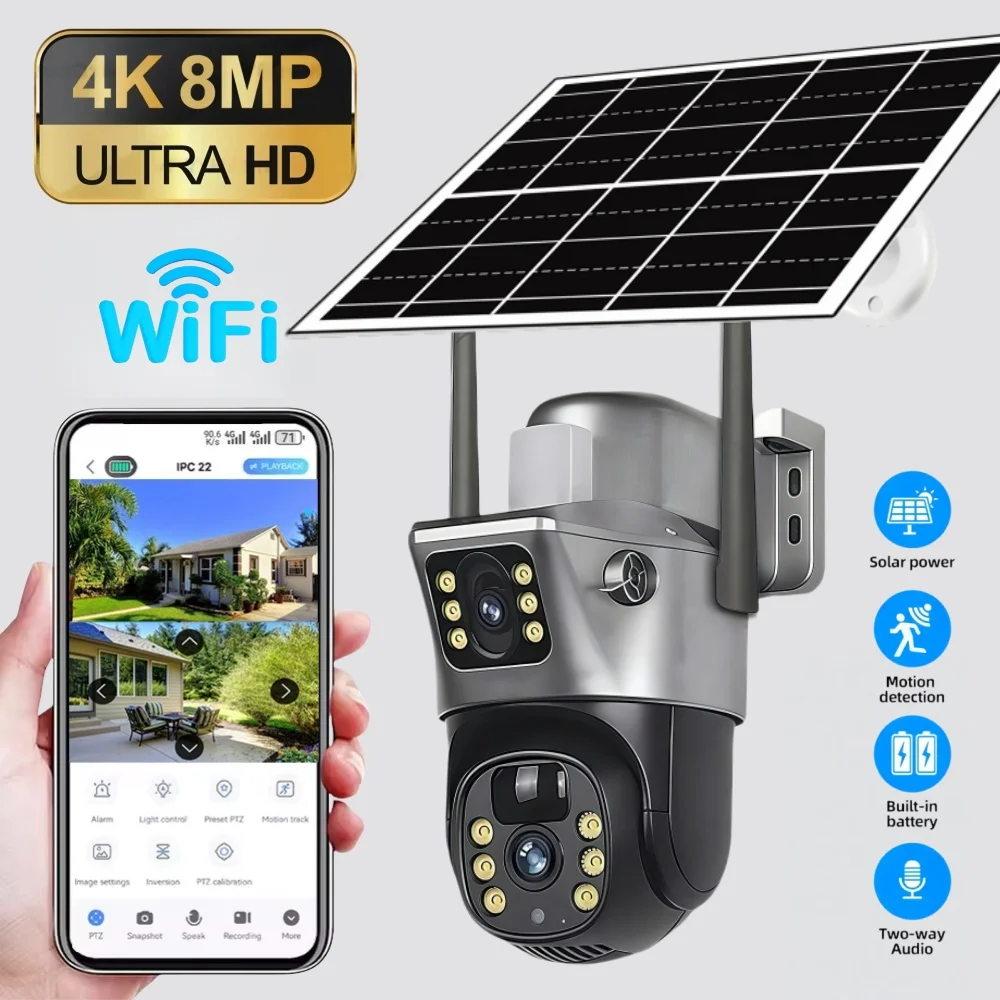 8MP Solar Dual Lens V380Pro Kamera Outdoor WIFI IP-Überwachungskamera Eingebauter Akku Videoüberwachung Menschenerkennung CCTV Image