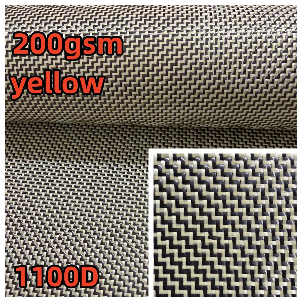 1100D/3K 200 g/m² gelbes Kevlar- und Kohlefaser-Mischgewebe, W-Muster, gemischtes Kohlefaser-Kevlar-Gewebe, 100 cm * 50 cm pro Stück.