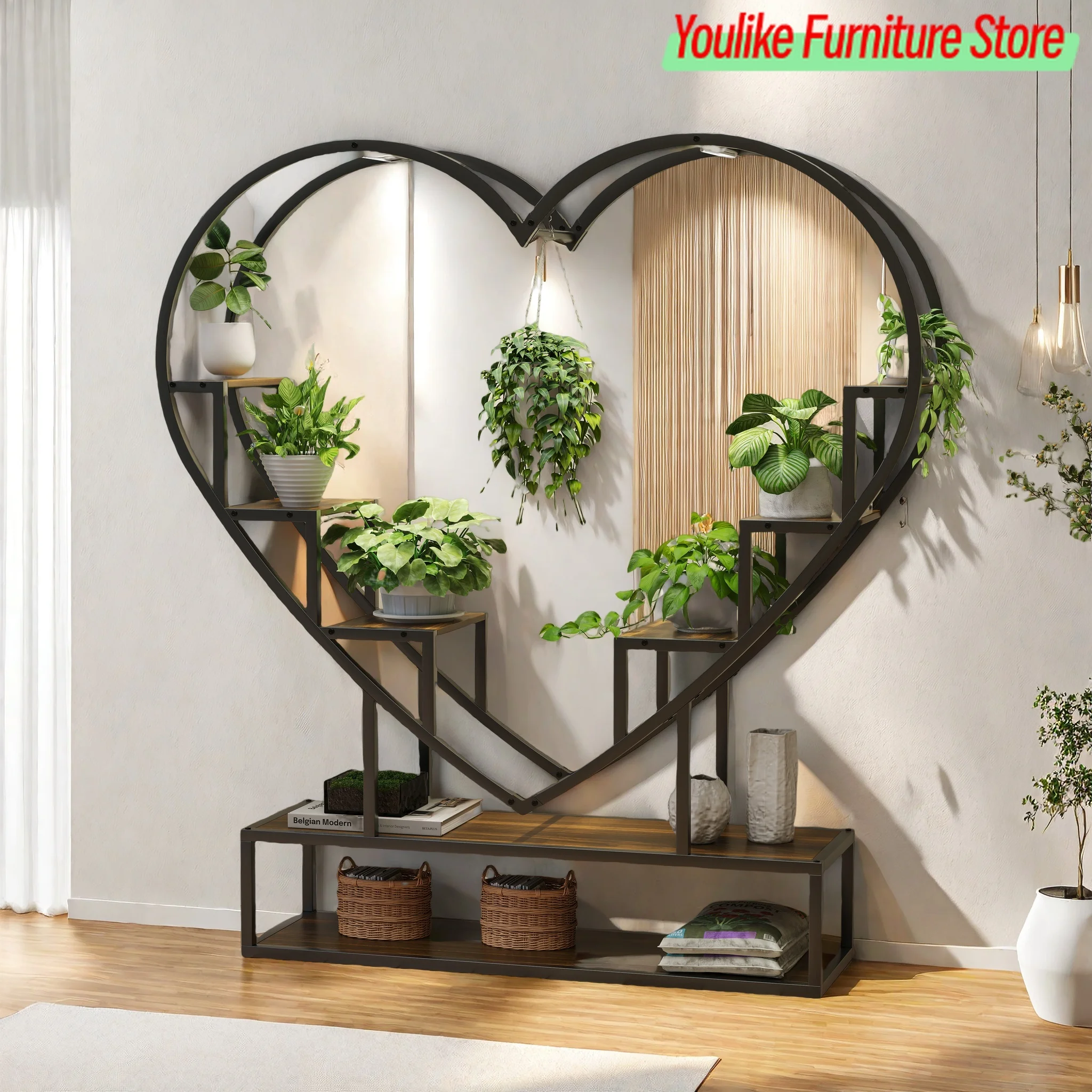 Comanlai Metall-Holz Pflanzenregal Innen-Pflanzenständer mit Wachstumsbeleuchtung Blumenständer Rustikales Offenes Regal Organizer Ausstellungsregal Image