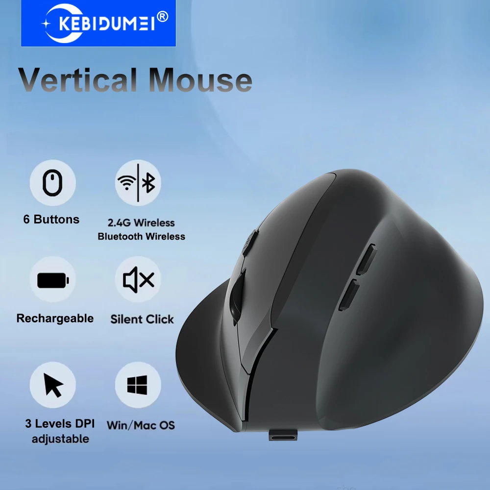 KEBIDUMEI Vertikale Maus mit 6 Tasten, Dual-Mode-Bluetooth-Maus, 2,4 G kabellose Maus, ergonomische, leise Maus, optische Mäuse für Laptop Image