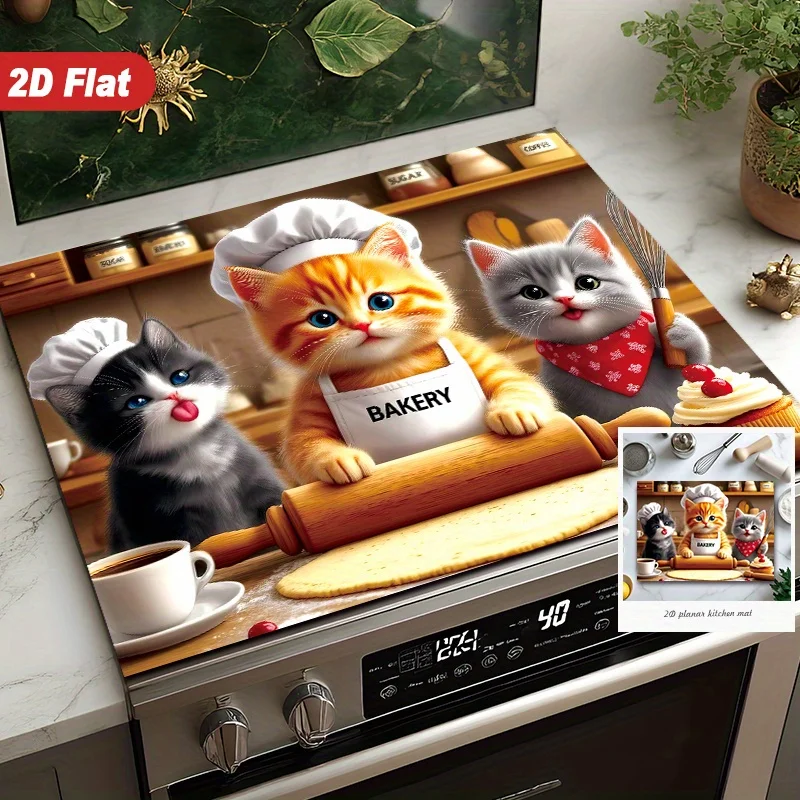 Cute Kitten Bakers 2D-Muster Herdabdeckung, hitzebeständige, kratzfeste Schutzmatte für Glasoberflächen, für alle Kochfelder, Küchendekoration Image