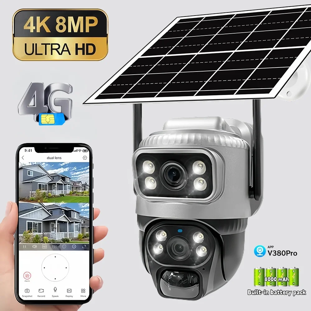 Solar-4G-Kamera für den Außenbereich, kabellos, 8 MP, Dual-Screen-Sicherheitsmonitor 360 ° Vorschau PIR Auto Tracking Smart Home Drahtlose CCTV-Kamera Image