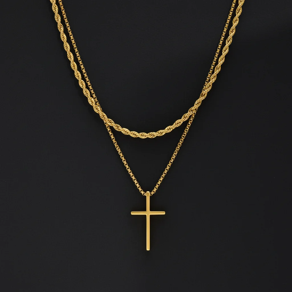 2 Stück Edelstahl Kreuz-Anhänger Halskette für Männer Titan-Stahl Gedrehte Seilkette Choker Frauen Hip Hop Punk Schmuck