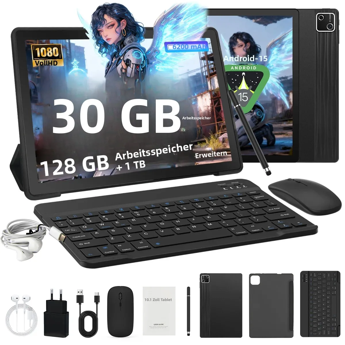 URAO 10 Zoll Android 15 Tablet 30GB RAM 128GB ROM 1TB Erweiterbar 6200mAh GMS-Zertifiziert Widevine L1 Dual-Kamera WiFi 6 PC PAD Set Image