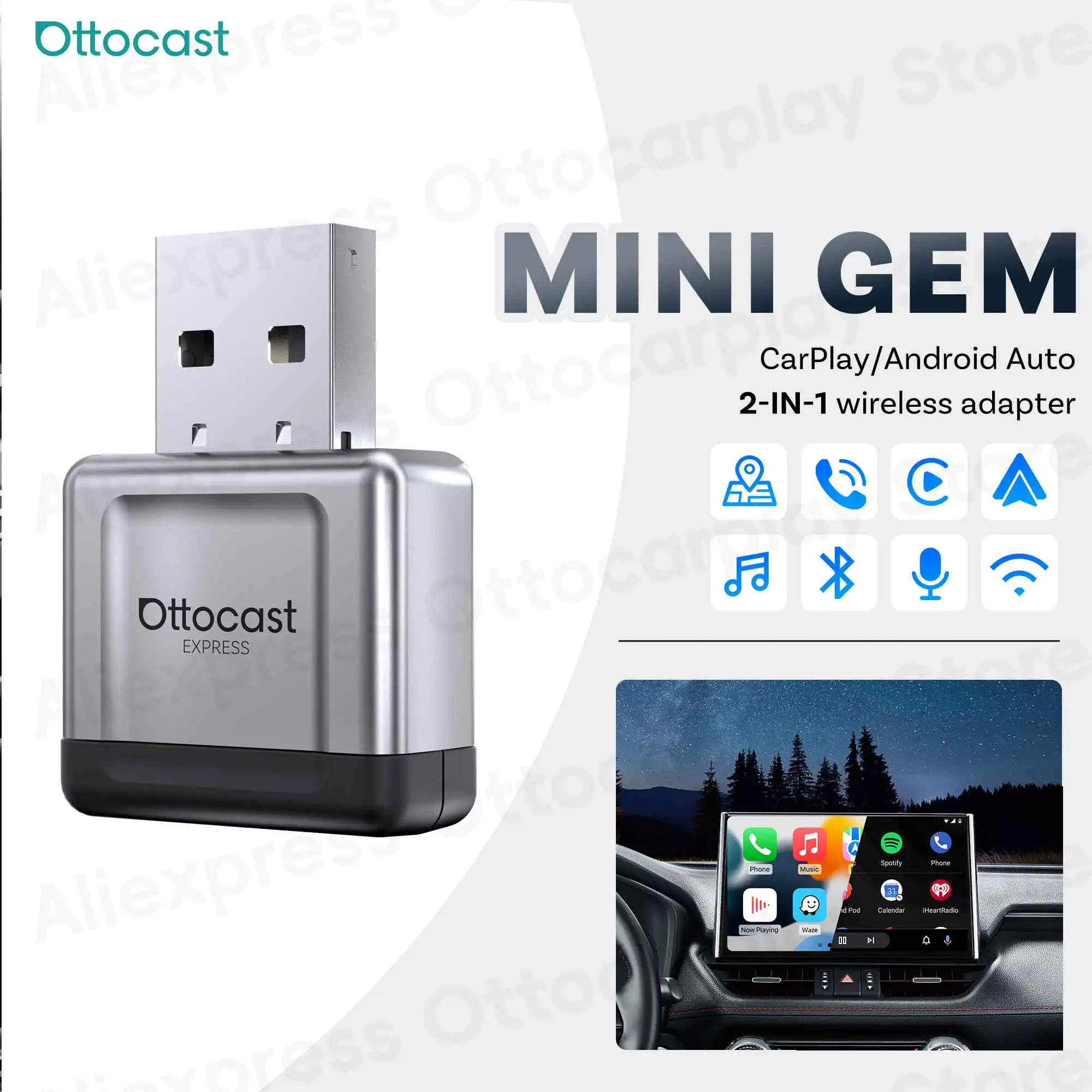 Ottocast Express 2-in-1 Mini Gem Kabelloser CarPlay Android Auto Adapter Plug-and-Play für Audi Benz Toyota Honda VW Kia Buick Image