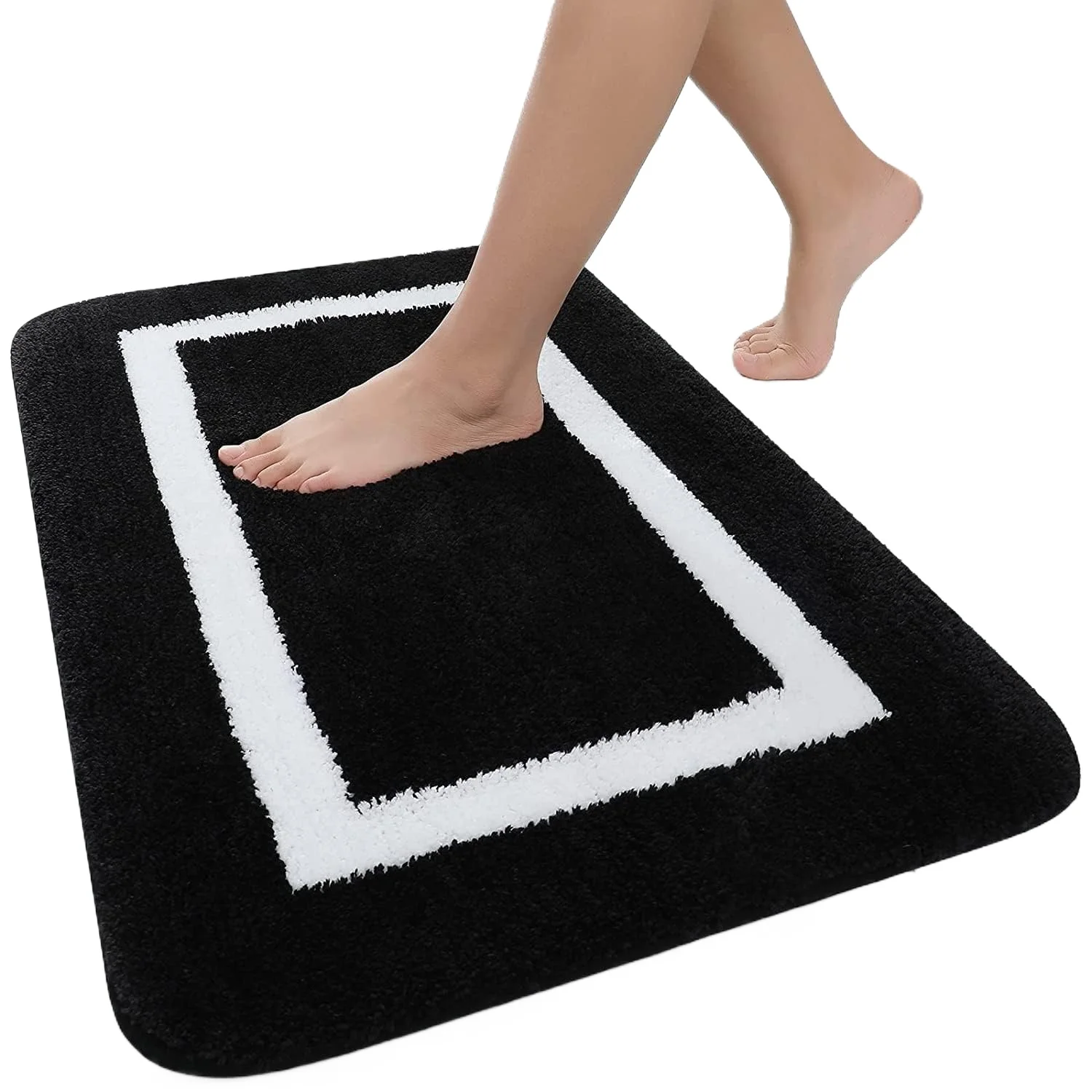 Olanly Maschinenwaschbare Badematte, schwarz-weiß gestreift, rutschfester Badteppich für Badewanne und Dusche, super schnell trocknende, wasserabsorbierende Bodenmatte