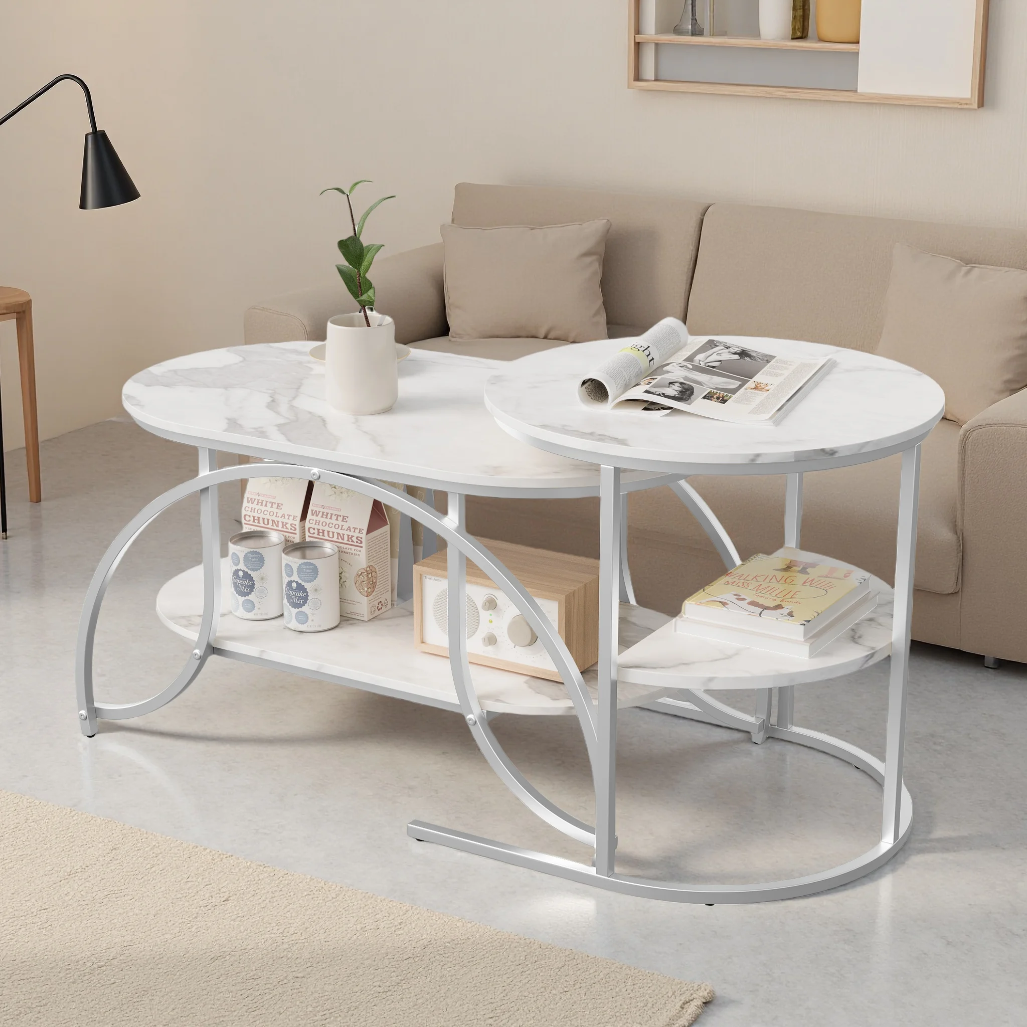 Anajqaqia 2-teiliges Couchtisch-Set, silberne Tischbeine + weiße Tischplatte, moderner Satztisch, mit Stauraum und Metallgestell