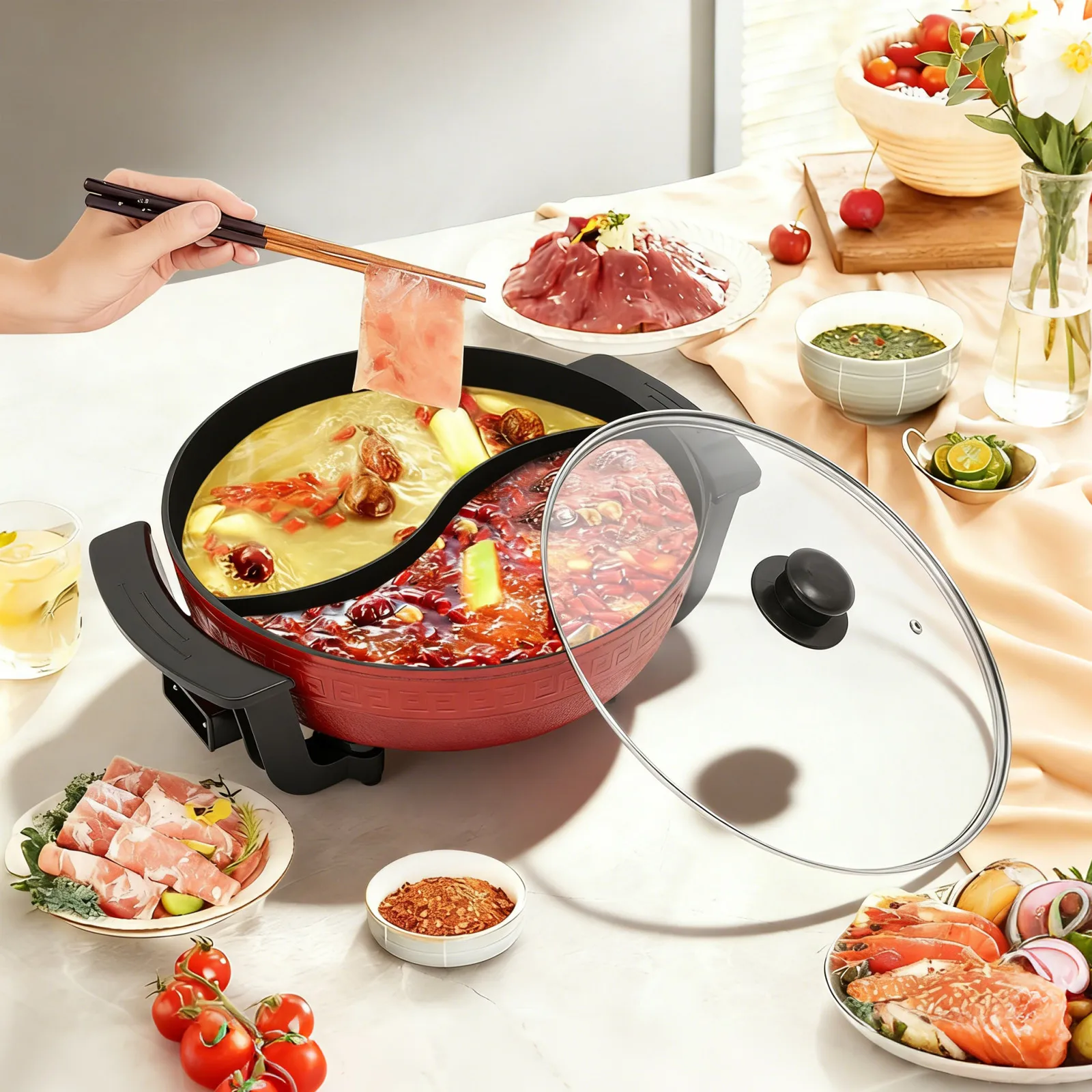 Elektrische Bratpfanne, 220V Haushalts-Elektrokocher, Antihaft-Aluminiumguss-Topf zum Braten, Kochen und Schmoren, für Küche und Haushalt Image