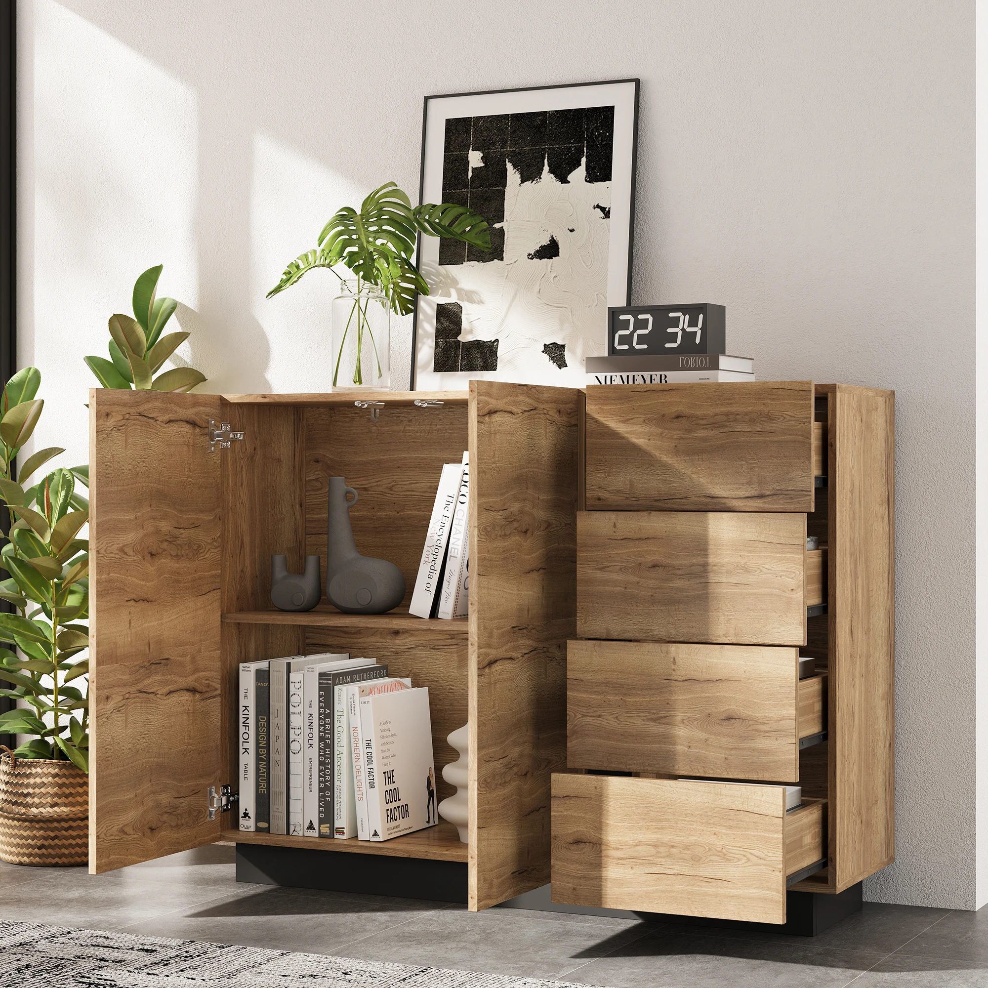 Kommode, Anrichte oder Sideboard in schwarz & Natur - 4 Schubladen, 2 Türen - Ideal für Wohnzimmer&Küche - Maße 110x35,5x90,5 cm