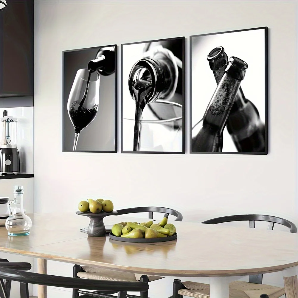 Triptychon-Leinwandset mit 3 rahmenlosen Leinwandkunstdrucken, minimalistische schwarz-weiße, elegante Flaschen-Gießszene, moderne Küche, Esszimmer