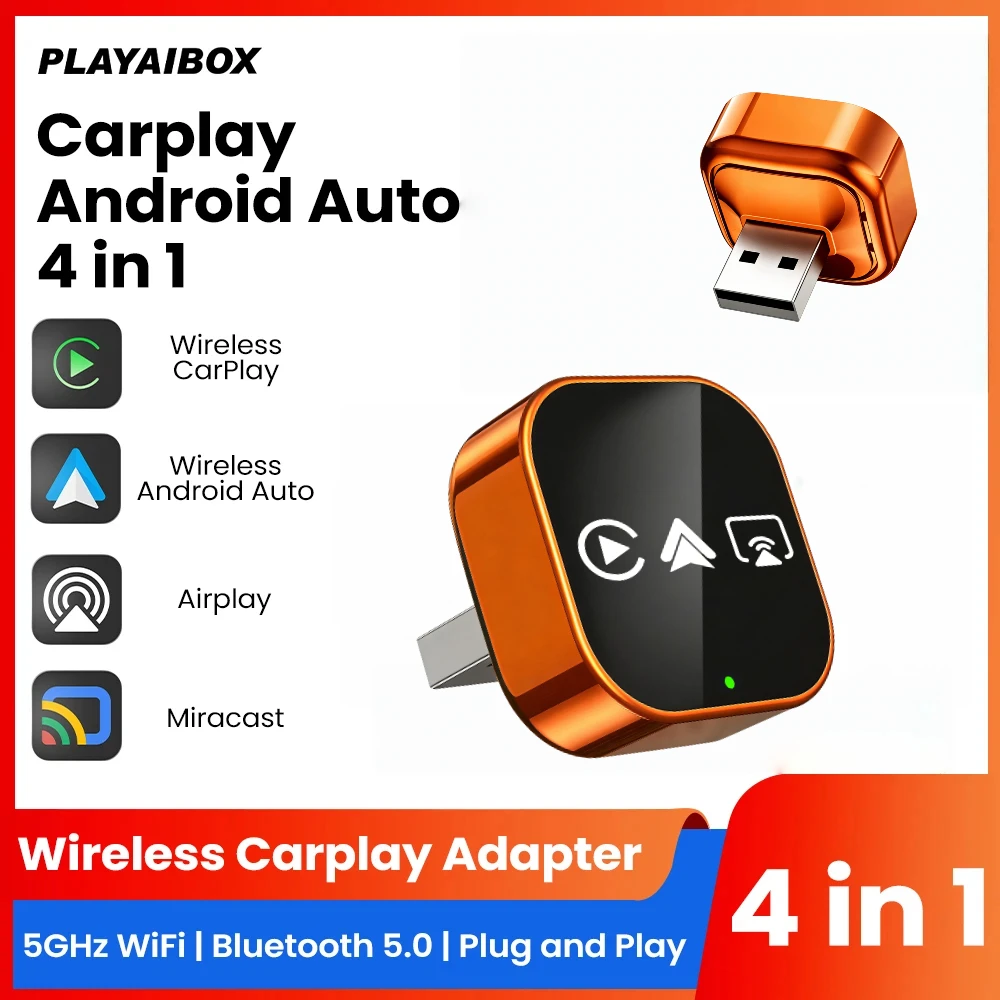 NEUER 4-in-1 Wireless Carplay Android Auto Mirror Link Airplay Adapter Plug&Play mit geringer Latenz für Audi Benz Volvo VW Ford Citroen Image
