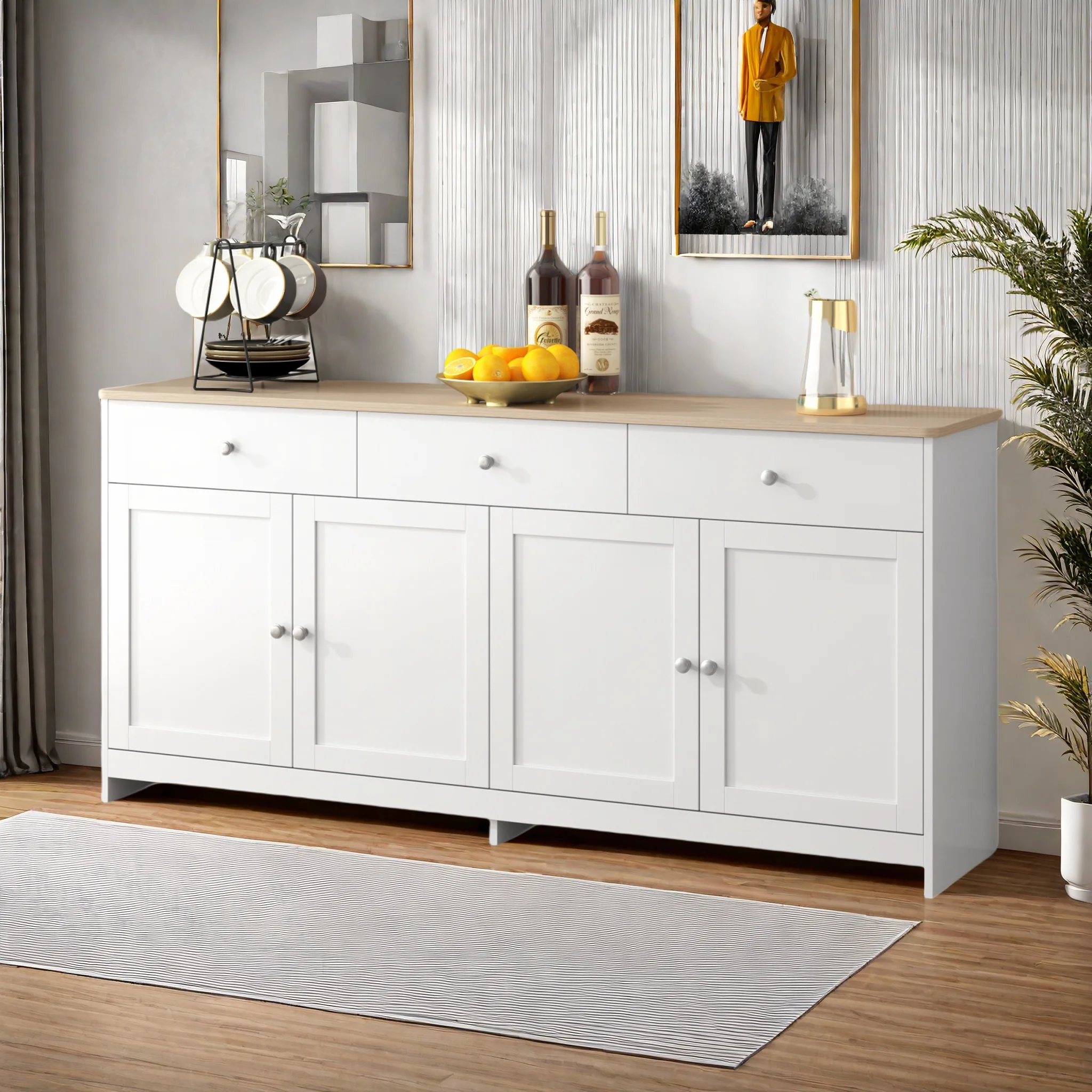 Anajqaqia Buffetschrank, geräumiger Küchenschrank mit 3 Schubladen und verstellbaren Regalen, für Wohnzimmer, Küche, Weiß