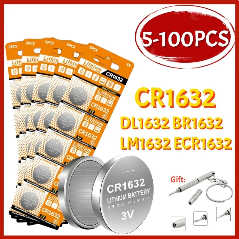5-100PCS CR1632 Knopfzelle LM1632 BR1632 ECR1632 3V Lithium-Batterie CR 1632 für Auto Fernbedienung elektrische Alarm Image