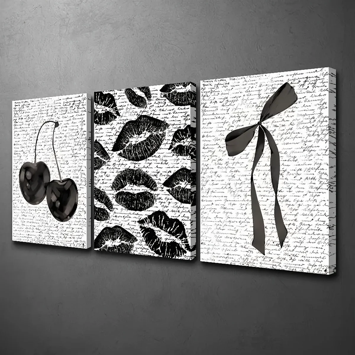 3 Stück Leinwanddruck, dekorative Gemälde, Schwarz-Weiß-Dekor, dunkler eleganter Stil, sexy Lippen, Vintage-Kirschblüte, dunkler Raum