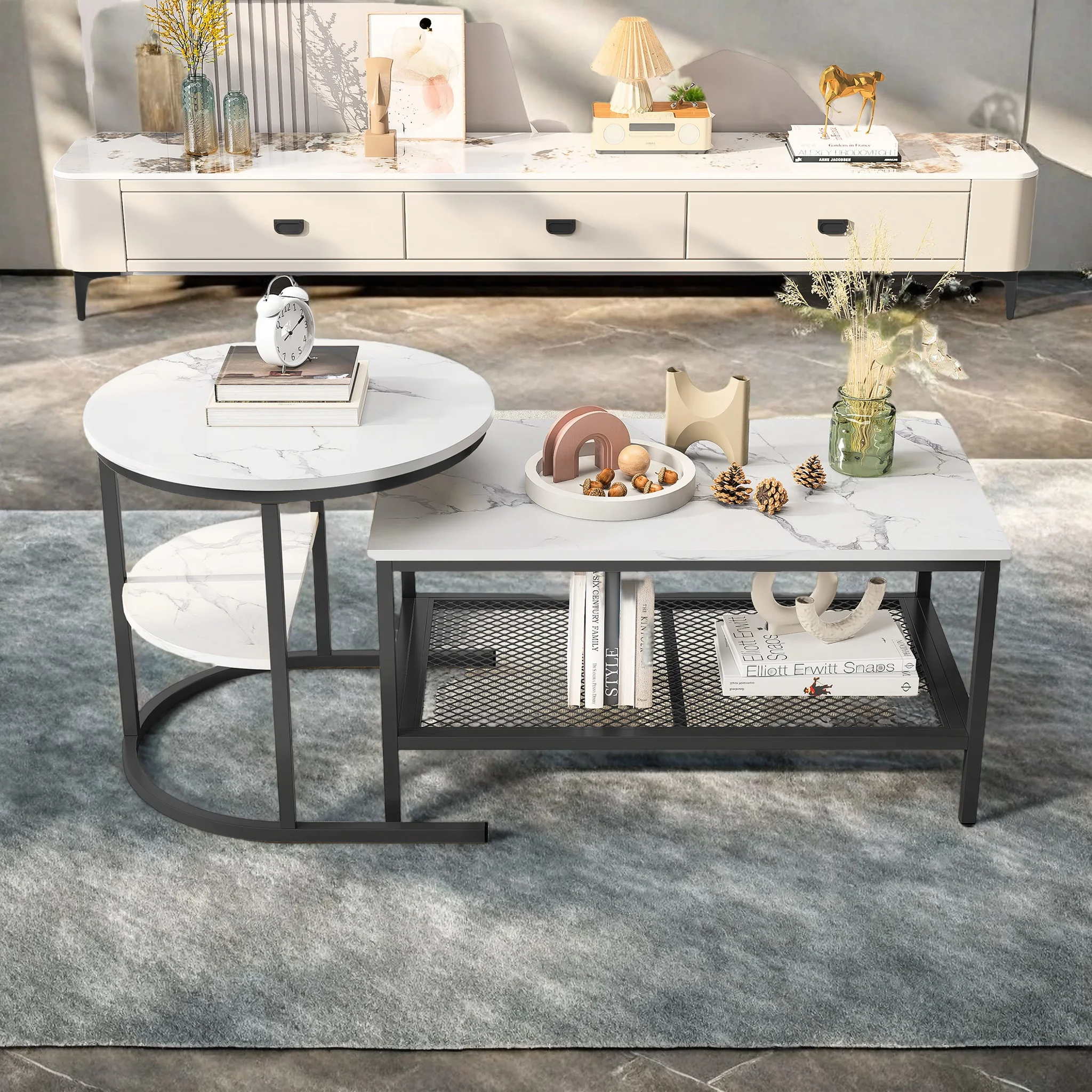 Anajqaqia 2-in-1, moderner Beistelltisch, Couchtisch, Marmoroptik mit Metallgestell und Ablage, Schwarz Image