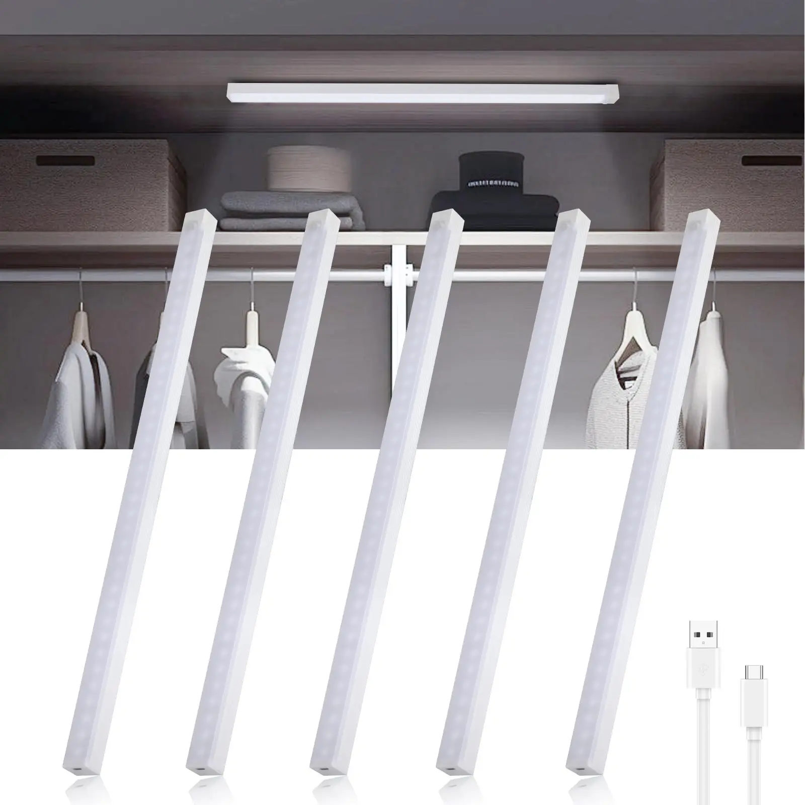 5 Stück 50cm LED-Bewegungssensor-Schrankbeleuchtung, USB-Aufladbare Kabellose Magnetische Unterbauleuchte 6000K für Treppen, Schränke