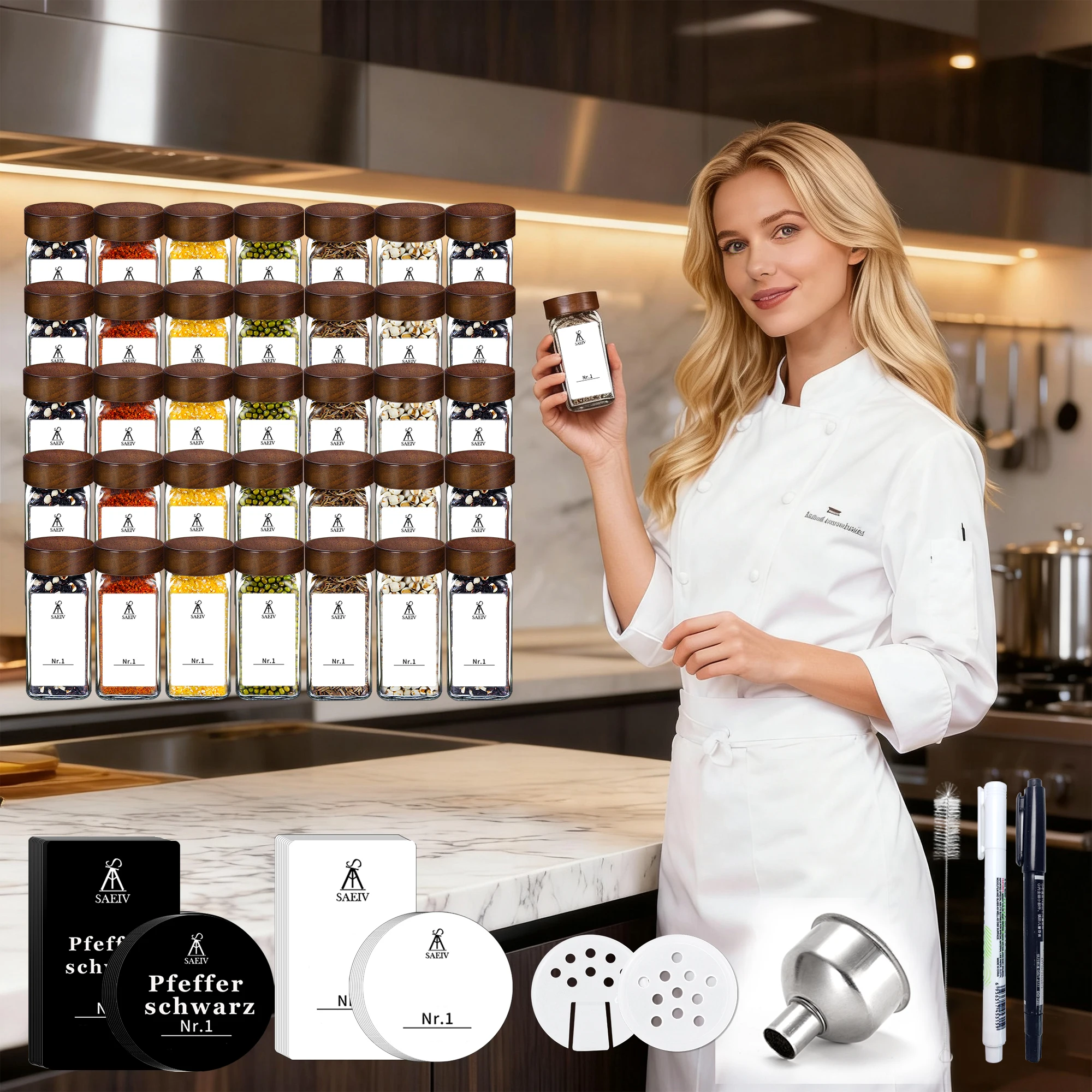 SAEIV 120ml glass condiment jar set, 12/24/35 pieces, with waterproof labels, for kitchen storage and portioning bottles