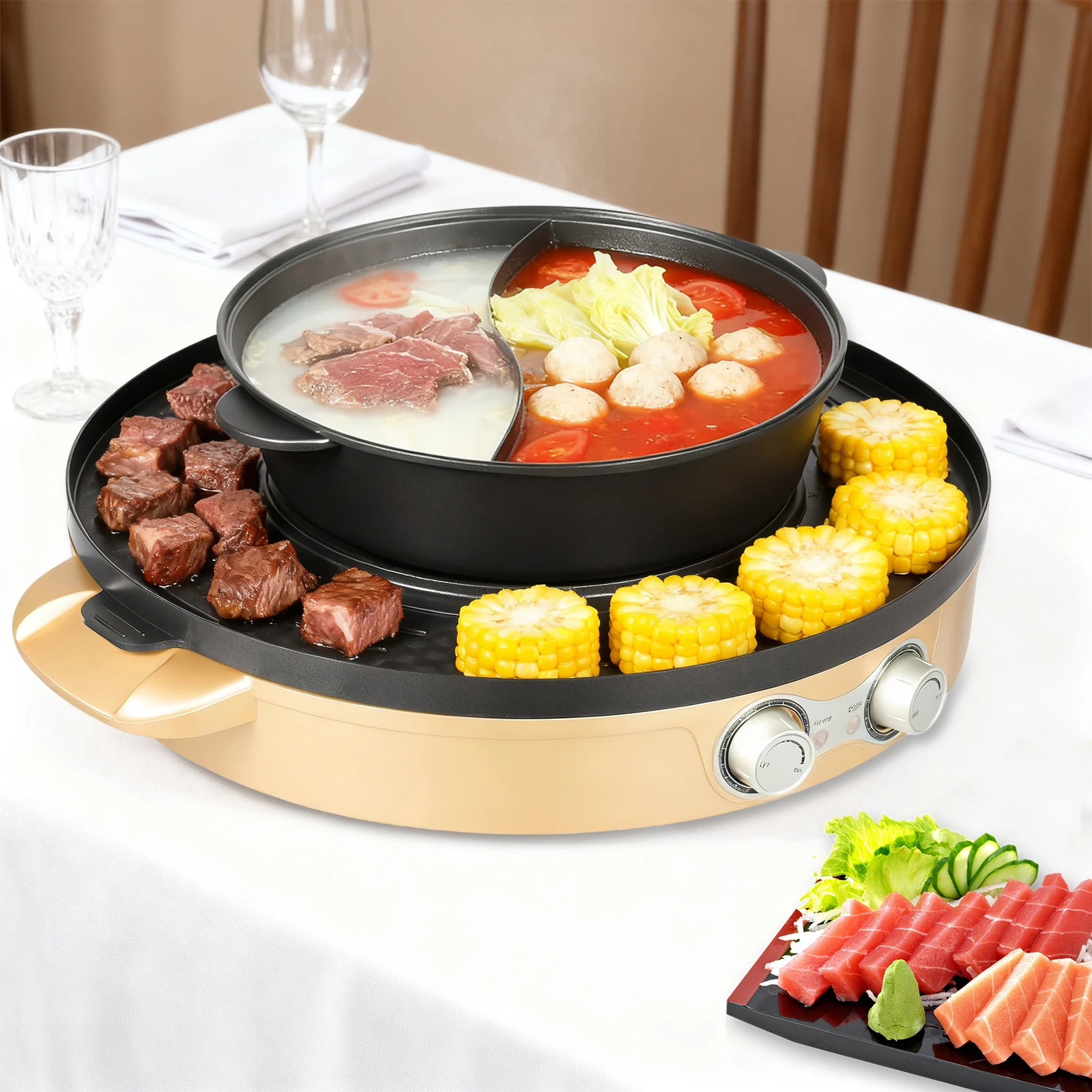 Elektrischer Kochtopf, 220 V, 2200 W, Antihaftbeschichtung, Gold, rund, 44 cm, mit Grill für Zuhause, Restaurant, Backen Image