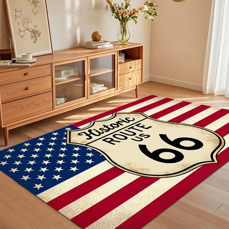 Historischer Route 66 US-Flaggen-Teppich für Wohnzimmer Schlafzimmer Patriotische Retro-Road-Trip-Heimdekoration Weicher Rutschfester Waschbarer Bodenteppich Image