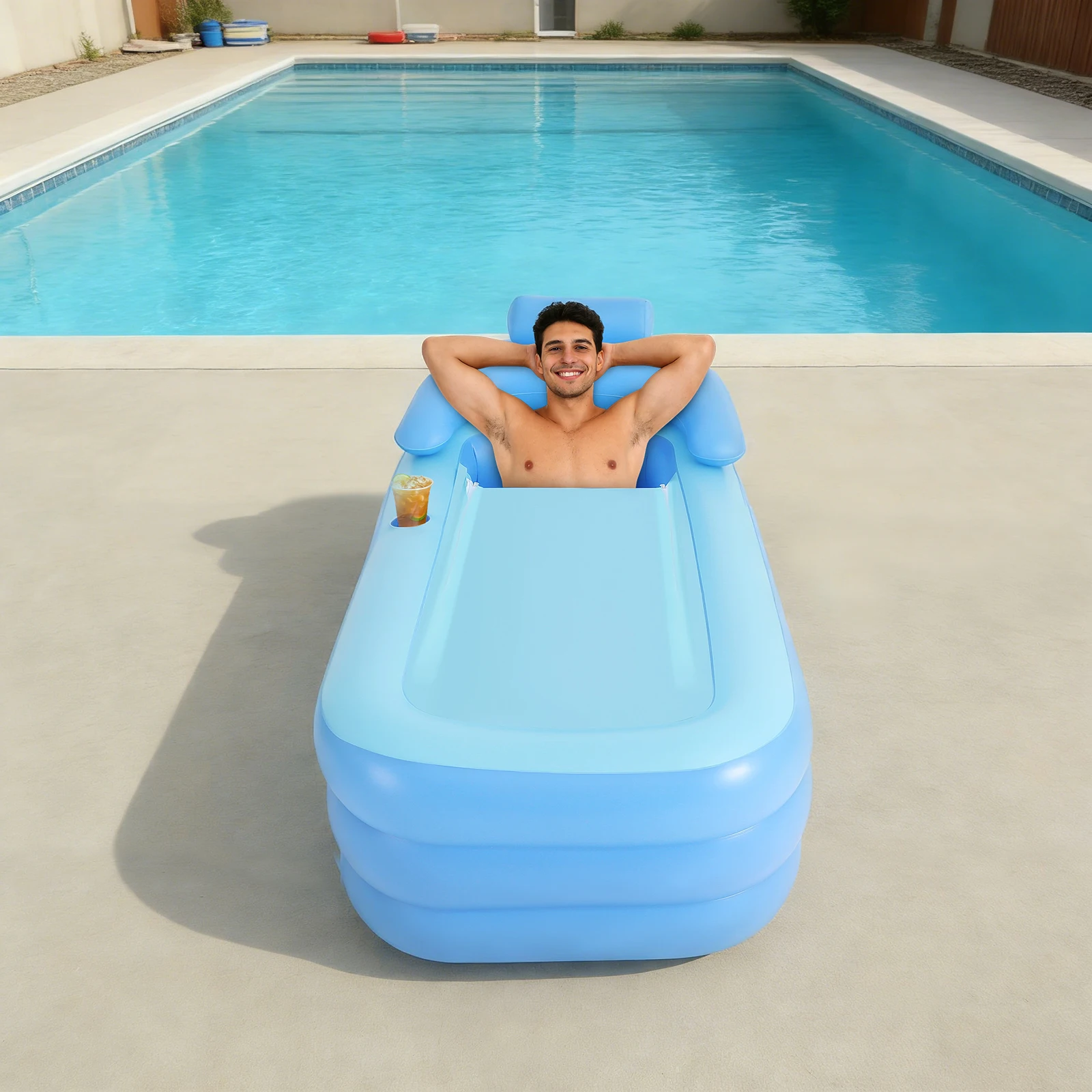 Aufblasbare Badewanne für Erwachsene, 150 * 80 cm PVC-Pool, faltbare Badewanne mit Getränkehalter, Kissen, Abflussrohr für Erwachsene und Kinder, Spa-Bad