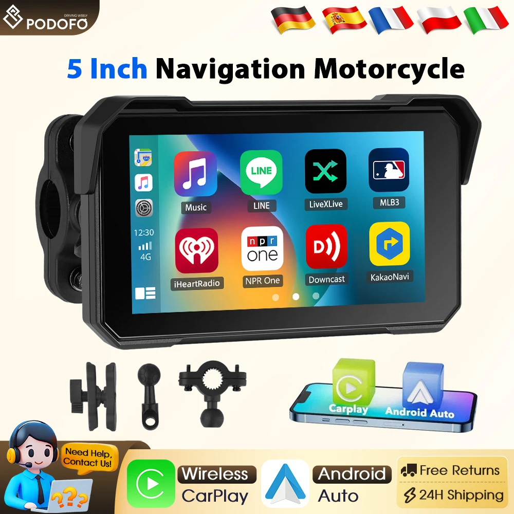 Podofo Carplay Tragbares digitales Motorrad-Armaturenbrett, 12,7 cm, universeller Smart-Player, Android-Auto, HD, IP68 wasserdicht Image